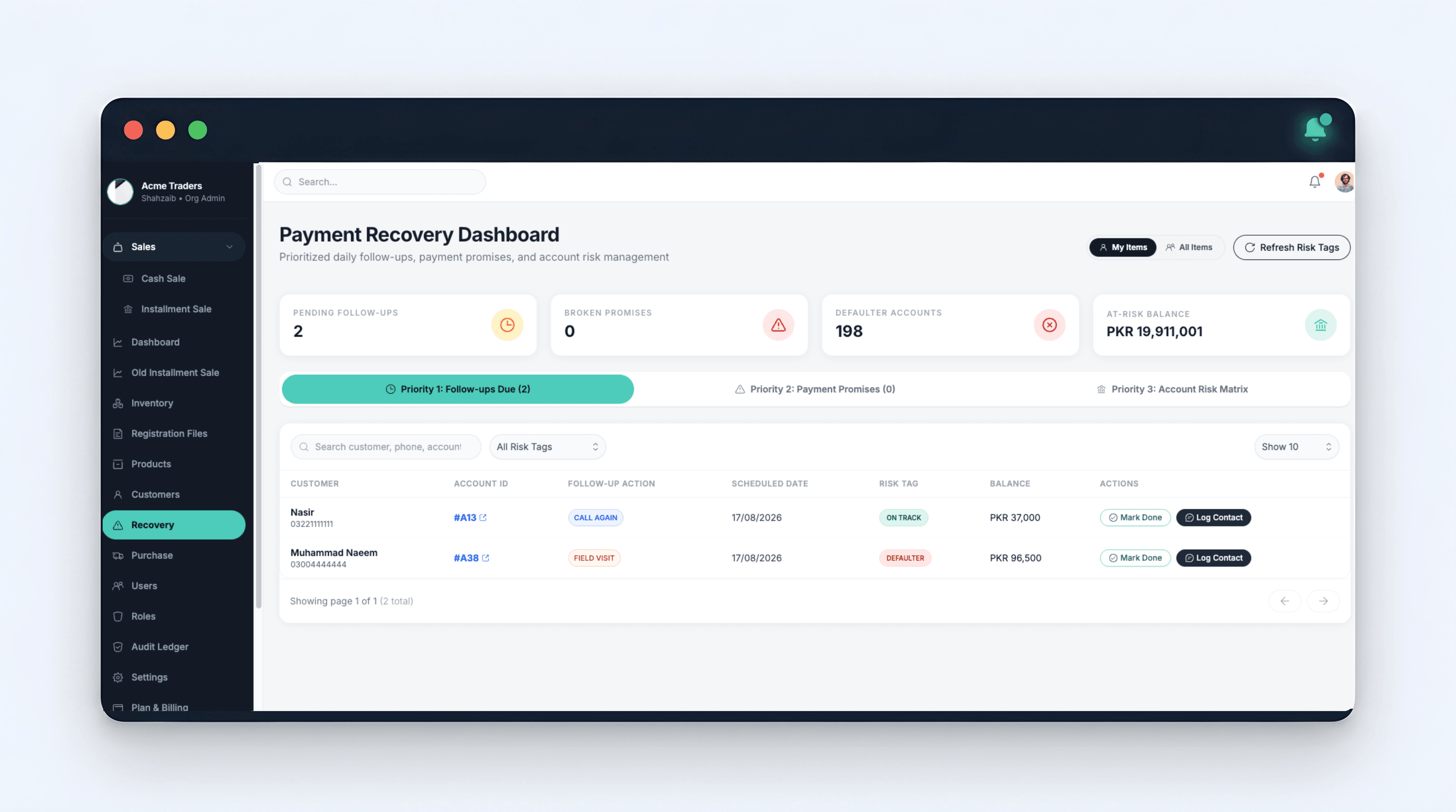 Markaz Flow recovery screen showing due accounts, promise tracking and payment recovery status